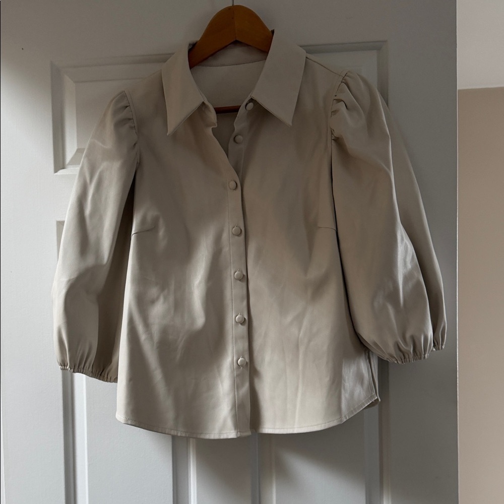 Cream Puff Sleeve Faix Leather Blouse